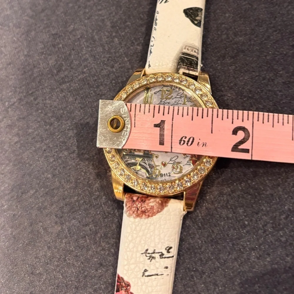 Paris Eiffel Tower Watch Gold Tone Crystal Romantic Rose Print French l Quartz